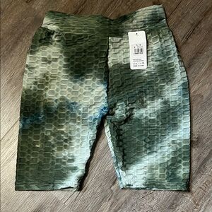 Green Tie-Dye High-Waisted Honeycomb Texture Biker Shorts